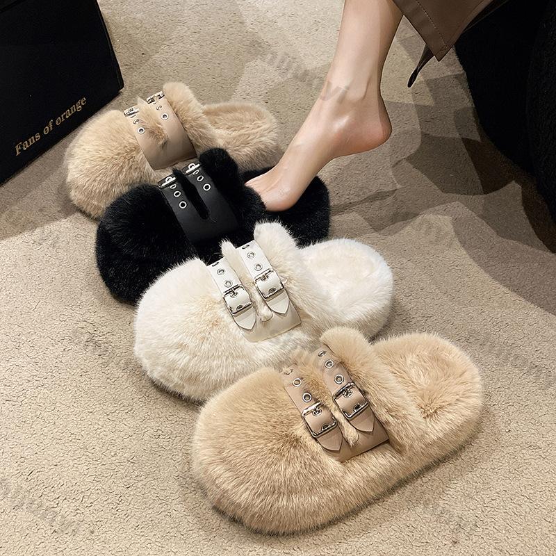 Fashion Women's Thick Sole Comfortable Fluffy Plush Cotton Padded Shoes Female Winter Plush Non Slip Warm Belt Buckle Cotton Slippers