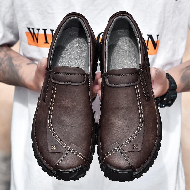Men Loafers Brown Hiking Shoes Slip On Handmade Driving Shoes Casual Leather Wide Outdoor Shoes for Father Plus Size