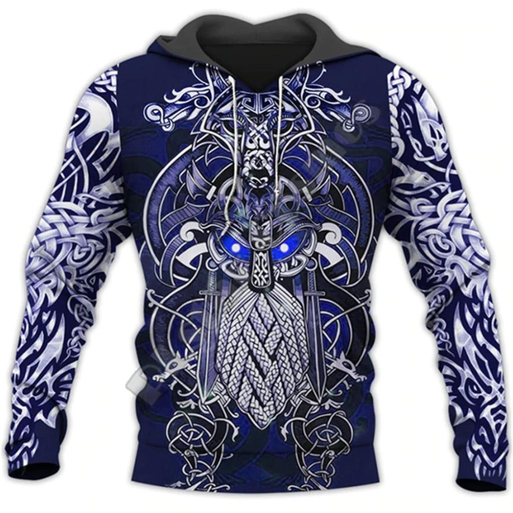 Heren Viking Hoodie Vintage Casual Viking Warrior Odin 3D Geprinte Lange Mouw Sweatshirt Pullover Capuchon Sweatshirt Top