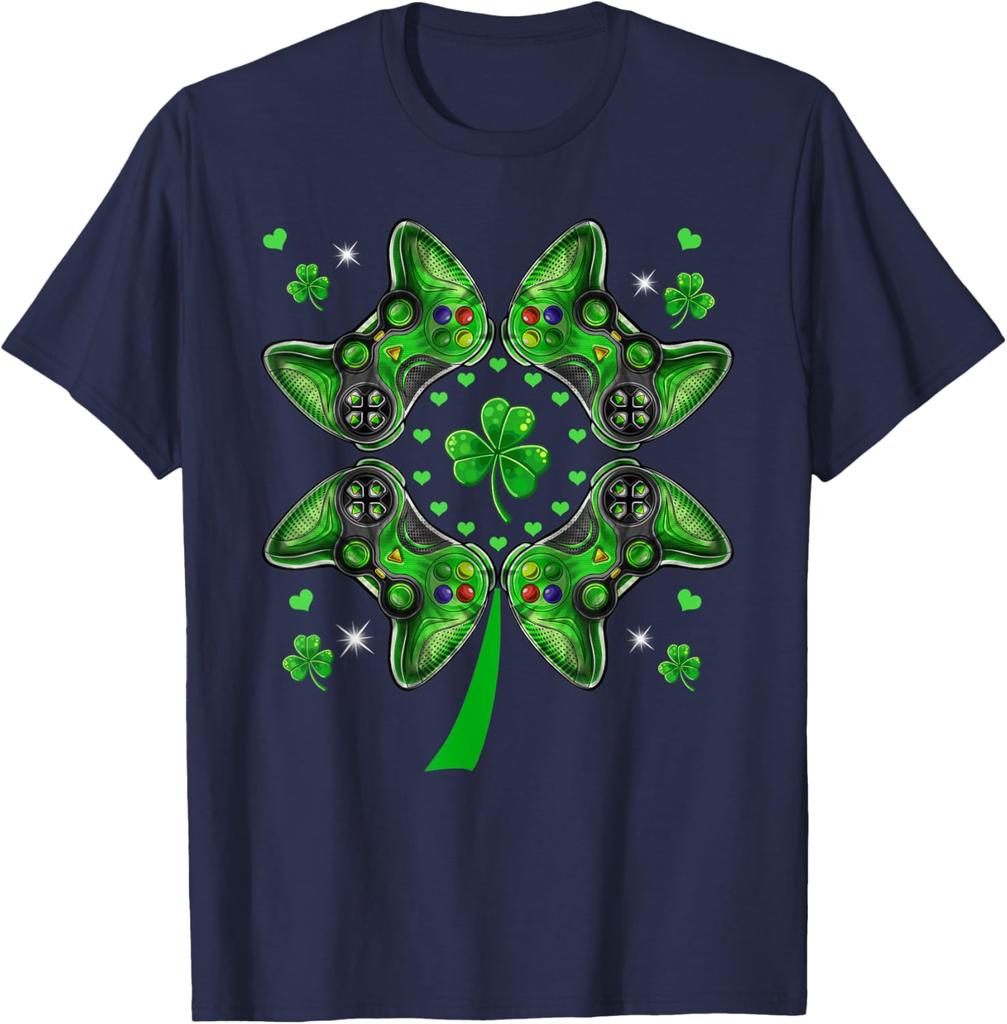 Gamer Controller Shamrock St Patricks Day Graphic Tee Soft Cotton T-Shirt Irish Gaming