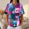 Women’s Short Sleeve Polo Collar Knit Top with Vintage Floral Print Casual Loose Fit Button Front Shirt