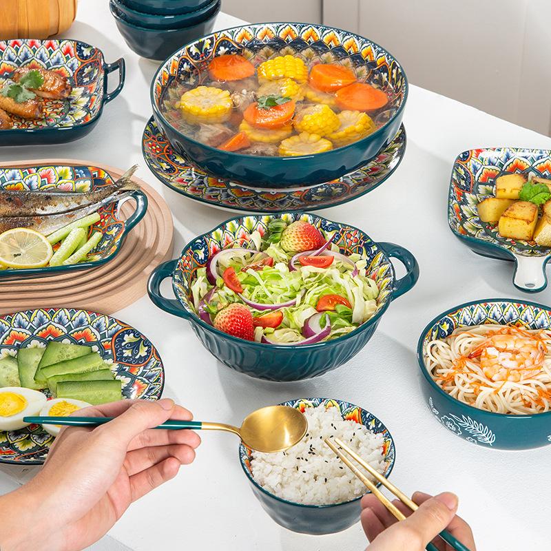 Bohemian Relief Ceramic Plates, Rice Bowls, Handle Baking Pans, Soup Bowls, Snack Plates, Fish Plates, Hand-painted Tableware