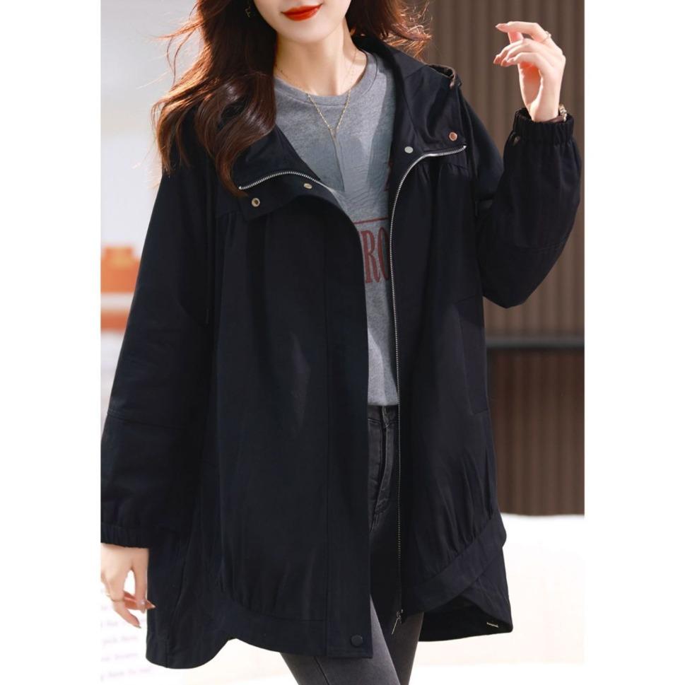 Spring Autumn Plus Size Hooded Women's Zipper Section Loose Thin Windbreaker Medium Long Jacket