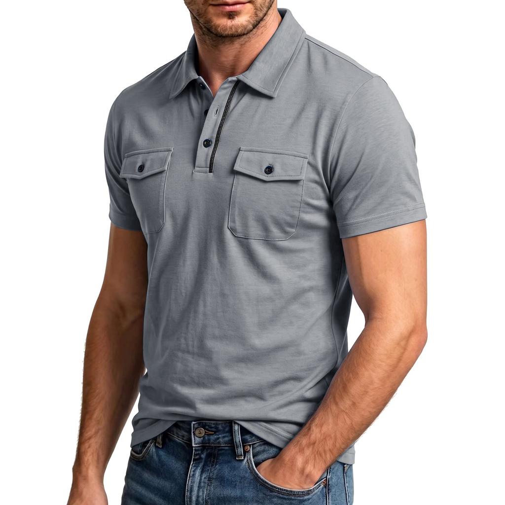 Men Short Sleeve Casual Shirt with Dual Chest Pockets Button Front Lightweight Breathable Slim Fit Top for Daily Wear