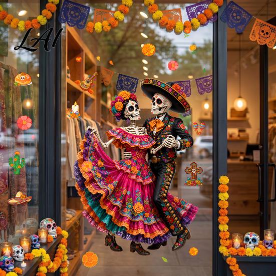 Celebration Accessories Day of The Dead Window Clings Halloween Double-Sided Skull Sticker Decals Colorful Flower Skeleton Static for Mexican House