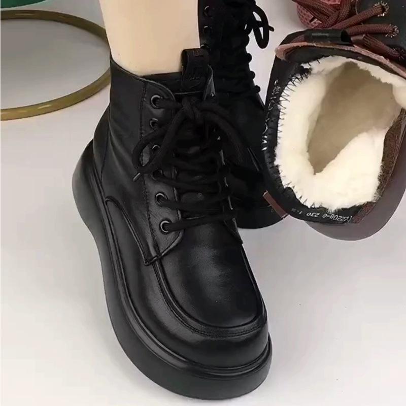 Women's Soft Leather Snow Boots, Integrated Leather & Fur, Winter Velvet Martin Boots, Short Waterproof, Non-slip.