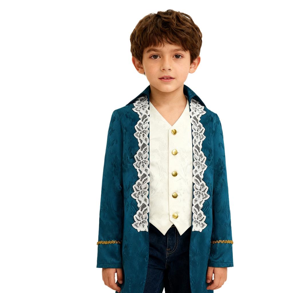 Boys Medieval Renaissance Victorian Jacket Turn Down Collar Long Sleeves Fake Two In One Lace Embroidery Tailcoat