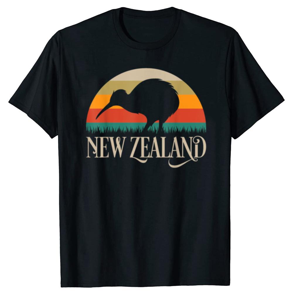 Leuk Nieuw-Zeeland Kiwi Vogel Retro Patroon T-shirt, Stijlvolle Casual Stijl, Losvallend T-shirt. Zomerse Streetwear Grafische T-shirts Y...