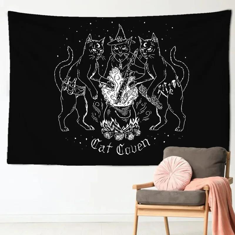 VIKAMA Heks Kat Wandkleed Mystieke Maan Ster Wanddecoratie Esoterische Waarzeggerij Kunst Geschikt voor Woonkamer of Slaapkamer