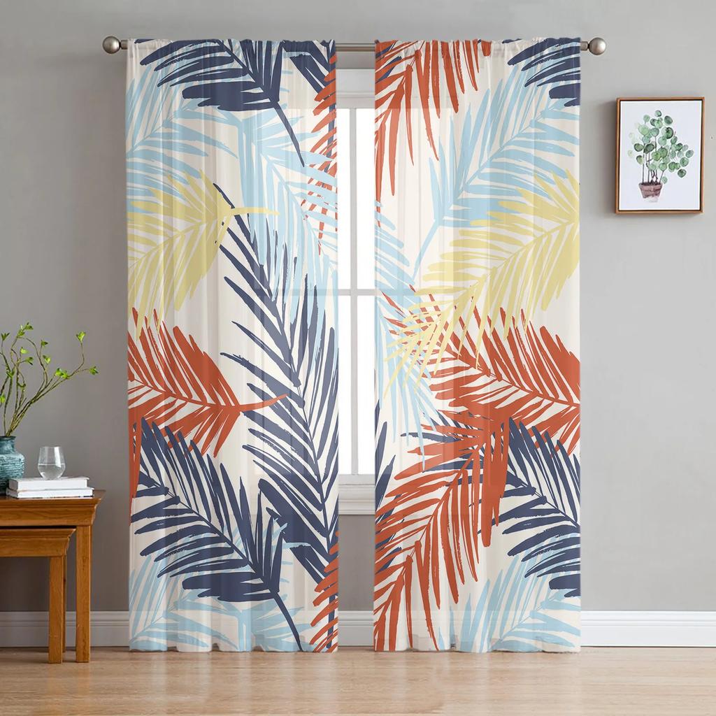 Luxury Tropical Plants Monstera Palm Leaves Curtains Living Room Printed Tulle Window Curtain Home Balcony Decor Drapes With Sheer Polyester Perfect