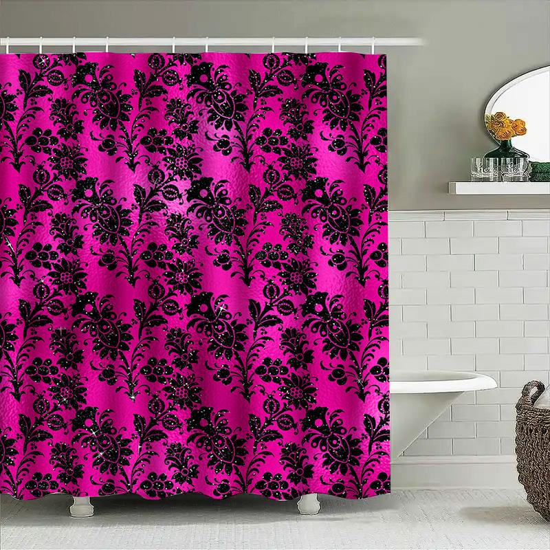 Luxury Bathroom Decor: Damask Print Shower Curtain In Black Pink With Floral Design Waterproof Fabric For Home Bath Decorations
