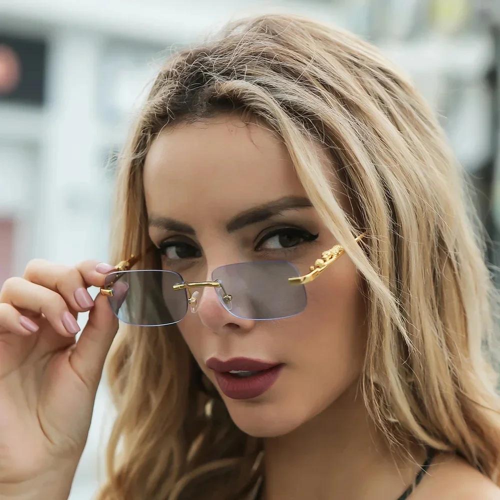 New Rimless Rectangle Vintage Metal Leopard Head Sun Glasses Fashion Frameless Tinted Glasses Shades for Women Men