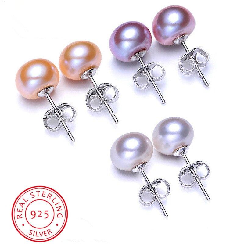 Boho White Pink Pearl Earrings Cute Female 6/8/10mm Round Stud Earrings 100% Real 925 Sterling Silver Earrings For Women Wedding