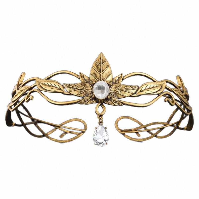 Vintage Gold Color King Round Elves Crown Crystal Goddess Tiaras Women Man Vintage Leaf Headband Diadem Bridal Hair Accessories