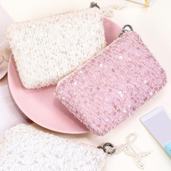 Yousheng Sequined Cosmetic Bag Girls Stylish Glittery Clutch Makeup Bag with Faux Pearl Bow Zipper Puller Portable Travel Toiletry Organizer for