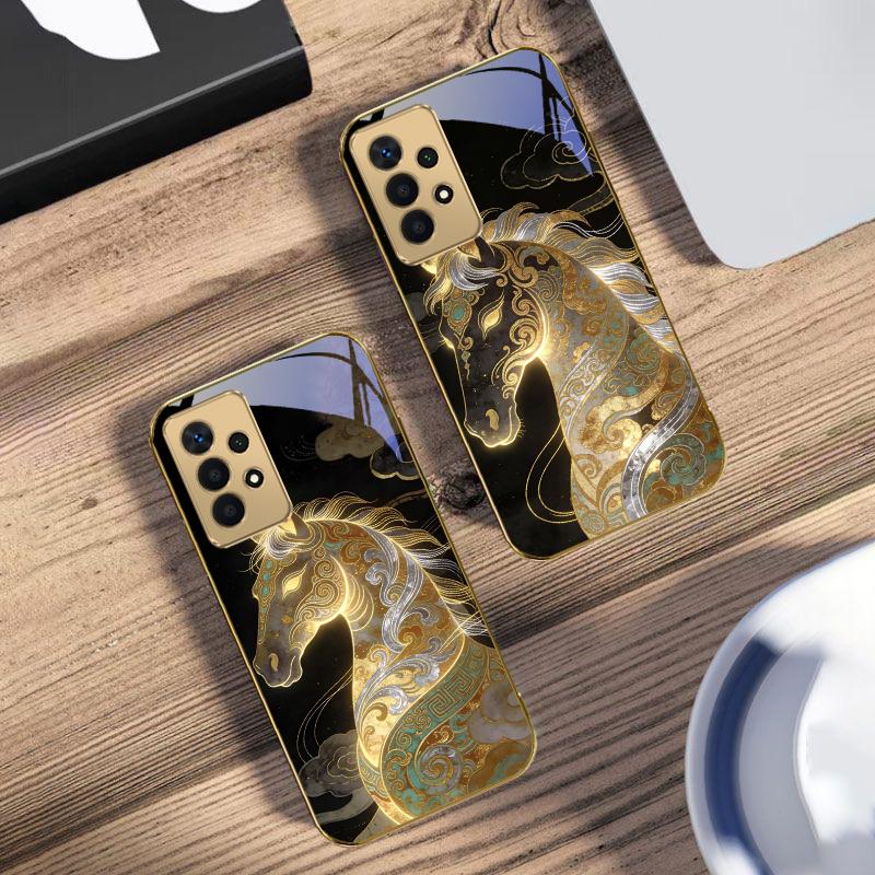 Ruishou Golden Steed For Samsung A73 A72 A71 A42 A56 A55 A54 A53 A52s A52 A51 A36 A35 A34 A33 A32 A16 14 Golden Glass Phone Case