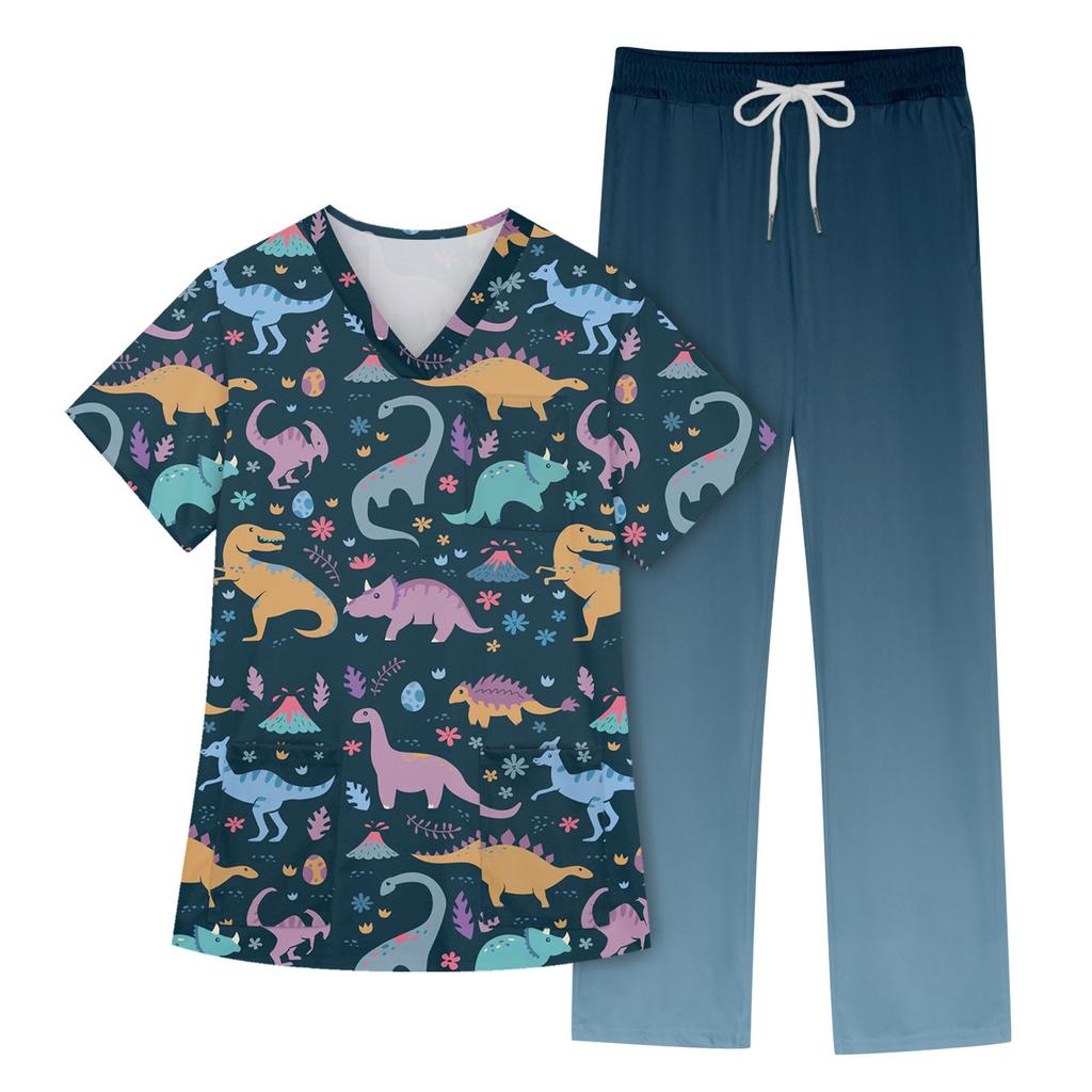 Women's Short Sleeve V Neck Animal Print Chest Pocket Work Top Elastic Waist Pants Two Piece Work Set