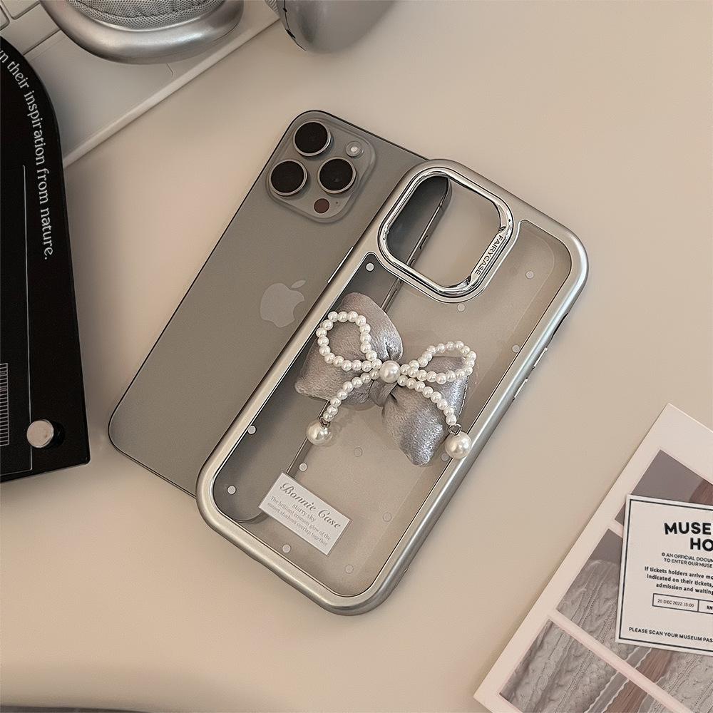 Estojo Tridimensional com Laço de Pérola para iPhone 15 iPhone 14 Acrílico 16 Adequado para 13promax Estilo Luxo Leve