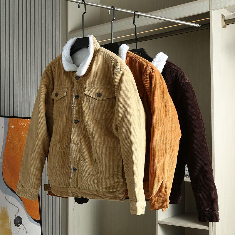 American-Style Retro Corduroy Lambswool Lapel Jacket for Men, Fleece-Lined, Thickened, Warm Workwear Coat, Trendy