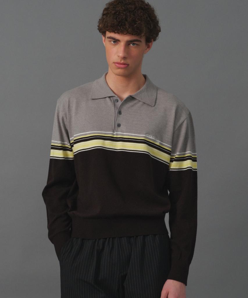 MOONSUN M.C Unisex, Point Stripe Collar Knit / Gray Yellow