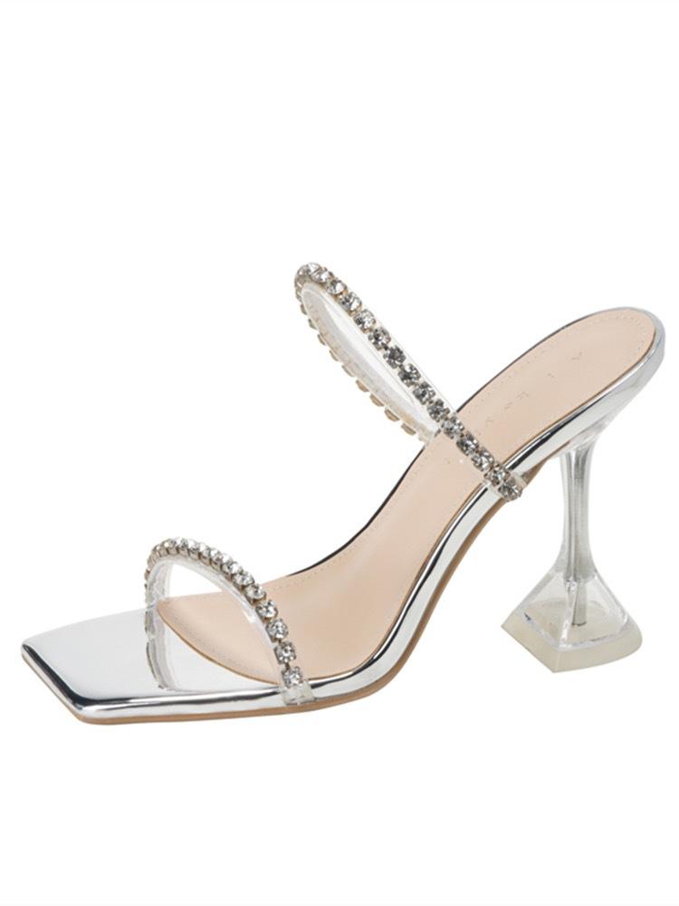 New Summer Sexy Fashion Open Toe Women's Sandals Water Diamond Shining Square Headed Banquet Women's High Heels Large Design