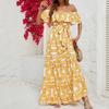 Women's Off Shoulder Short Sleeve Maxi Dress Loose Fit Mid Waist Street Floral Ruffle Tiered Dress