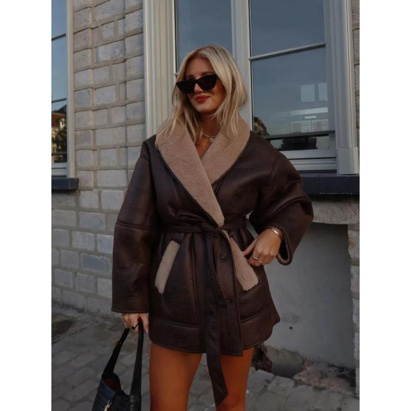Vestes d'hiver épaisses en cuir peluche pour femmes, bureau, simple boutonnage, col rabattu, manteau surdimensionné, manches longues, pardessus, hauts