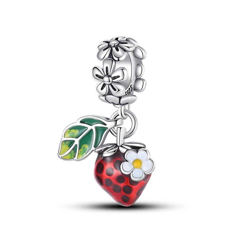 Red Fruit Charm Bead Components Copper Metal Pendant Bead Components Shaped Strawberry Cherry Apple Designed For Authentic Original Bracelets