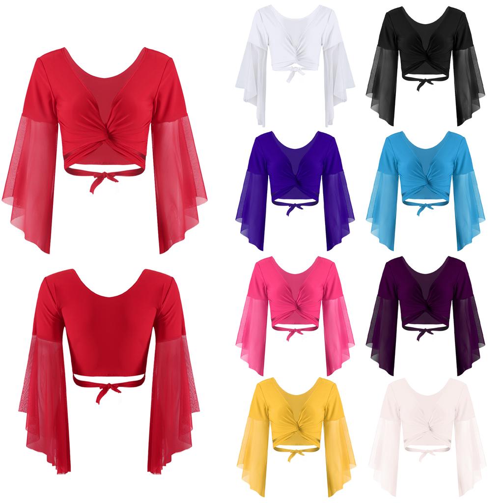 Dames Vetersluiting Buikdans Crop Top V-hals Driekwart Tule Wijde Mouwen Top Podiumoptreden Kleding