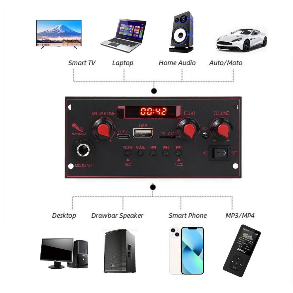 DIY Bluetooth dekodérová deska 20W zesilovač 6,5mm mikrofon DC 5V FM rádio TF USB autoaudio hudební přehrávač reproduktory ovládání hlasitosti