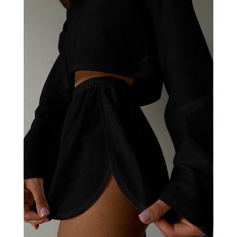 FiveFive Spring and Summer Fashion Women's Sports Suit Two-piece Set Round Neck Blouse Long-sleeved Pullover Sweater Loose Sports Shorts
