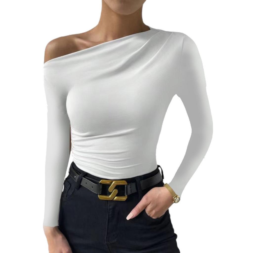 Dames Schuin Hals Korte Mouw Slim Fit Gerimpeld Top Effen Kleur Casual Blouse