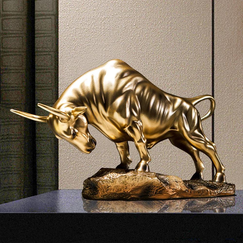 Modern Style Resin Cattle Ornaments Decorative Golden Bull Sculpture Aesthetics Home Decoration Gift Resin Mascot Domestic Use Office Decoration