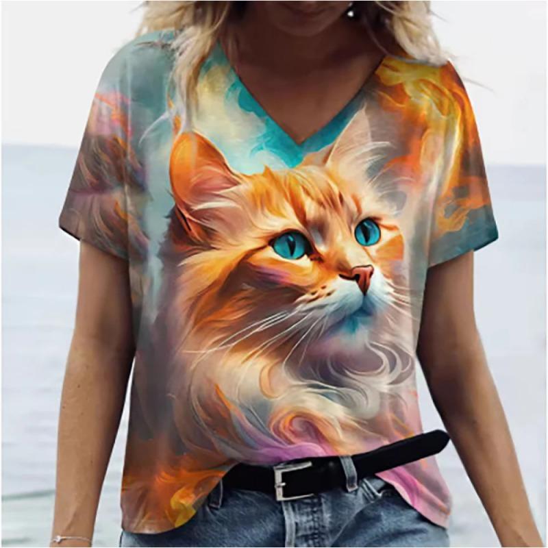 Damen V-Ausschnitt Kurzarm T-Shirts Tierdruck Sommerkleidung Niedliche Cartoon Katze Damen T-Shirts Übergroße Oberteile Kleidung Oberteile