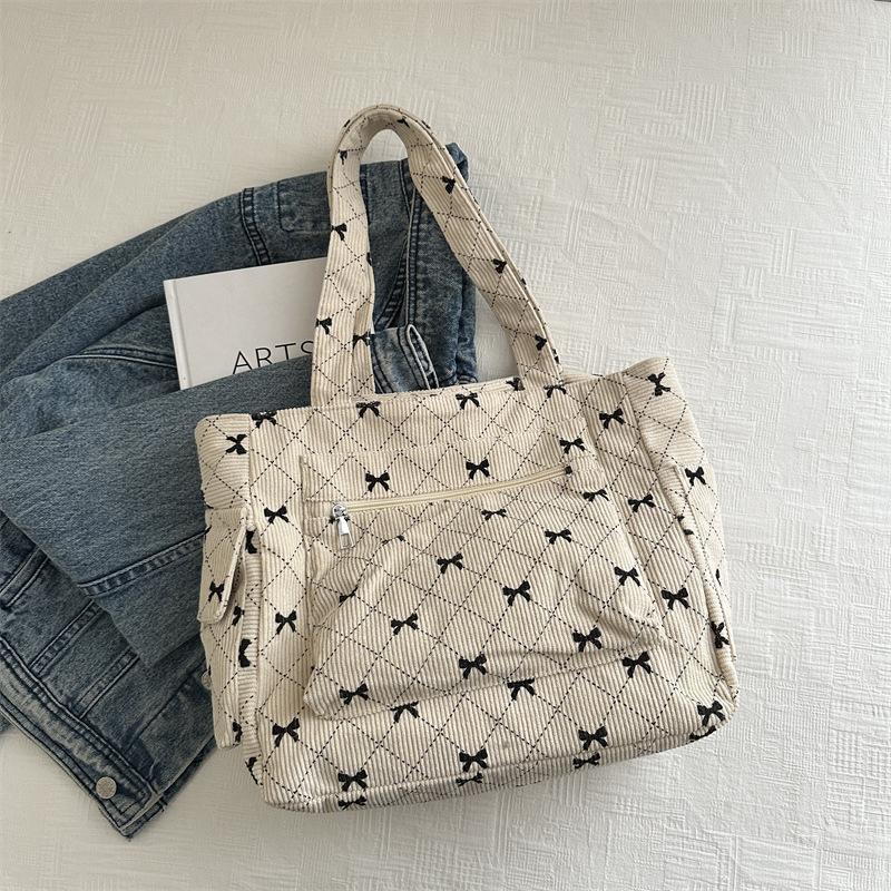 Sac à Bandoulière Doux Bow Diamd pour Femmes en Velours Côtelé Sacs de Shopping Rétro pour Femmes Sacs Fourre-tout de Voyage Multi-poches pour Dames Sacs à Main