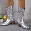 2024 Gold Silver Western Cowboy Boots Women Fashion Slip On Embroidered Mid Calf Botas Woman Thick Heels Pu Leather Booties 43