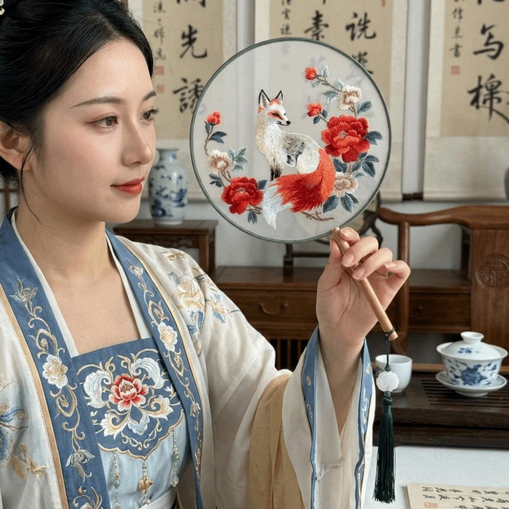 Chinese Style Double Sided Embroidery Fan Long Handle Classical Vintage Hand Fan with Tassel Semi-Transparent Flower Silk Fan