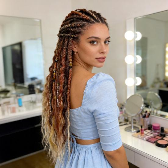 Boho Flätad Hästsvansförlängning med Hårsnodd Lättvikt Handflätad Flätor Hårförlängningar Kvinnor Män Lång Viking Dreadlock Pärlor Hästsvansförlängning