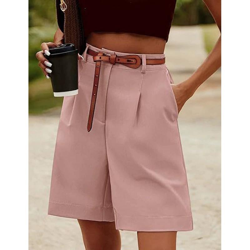 Sommar Damshorts Elastisk Hög Midja Lös Sidfickor Rak Mjuk Enfärgad Andningsbar Casual Business Kontorsshorts