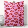Pink Background Red Lip Print Kiss Mark Seamless Flannel Throw Blanket, Soft Warm Sofa Cover, Romantic Valentines Bedroom Decor