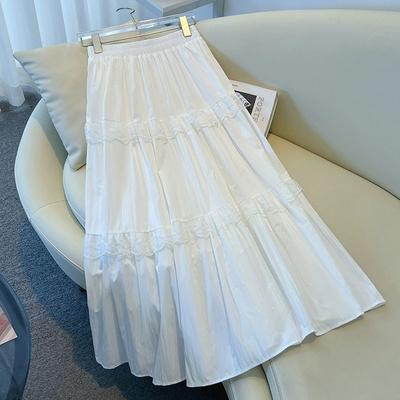 White French Tiered Cake Midi Skirt for Women - Summer High-Waist Patchwork Lace Trim Flounce Skirt