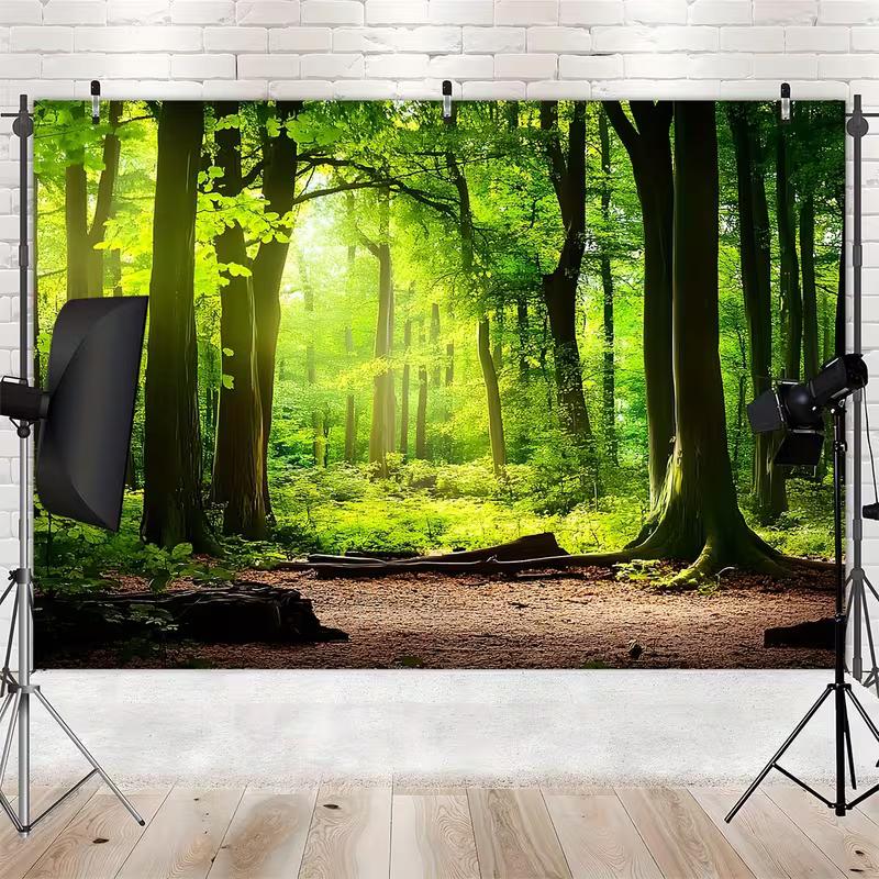 2D Üppige Sommerwald-Kulisse mit Sonnenlicht Party Foto Hintergrund Banner