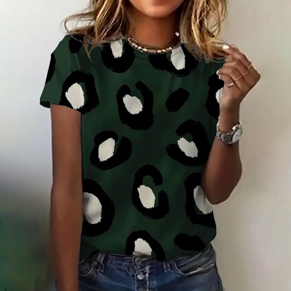 Sommar damkläder 3D-tryckt T-shirt Rundhalsad Leopardmönstrad Kortärmad Casual Topp Lös Andningsbar Dam-T-shirt