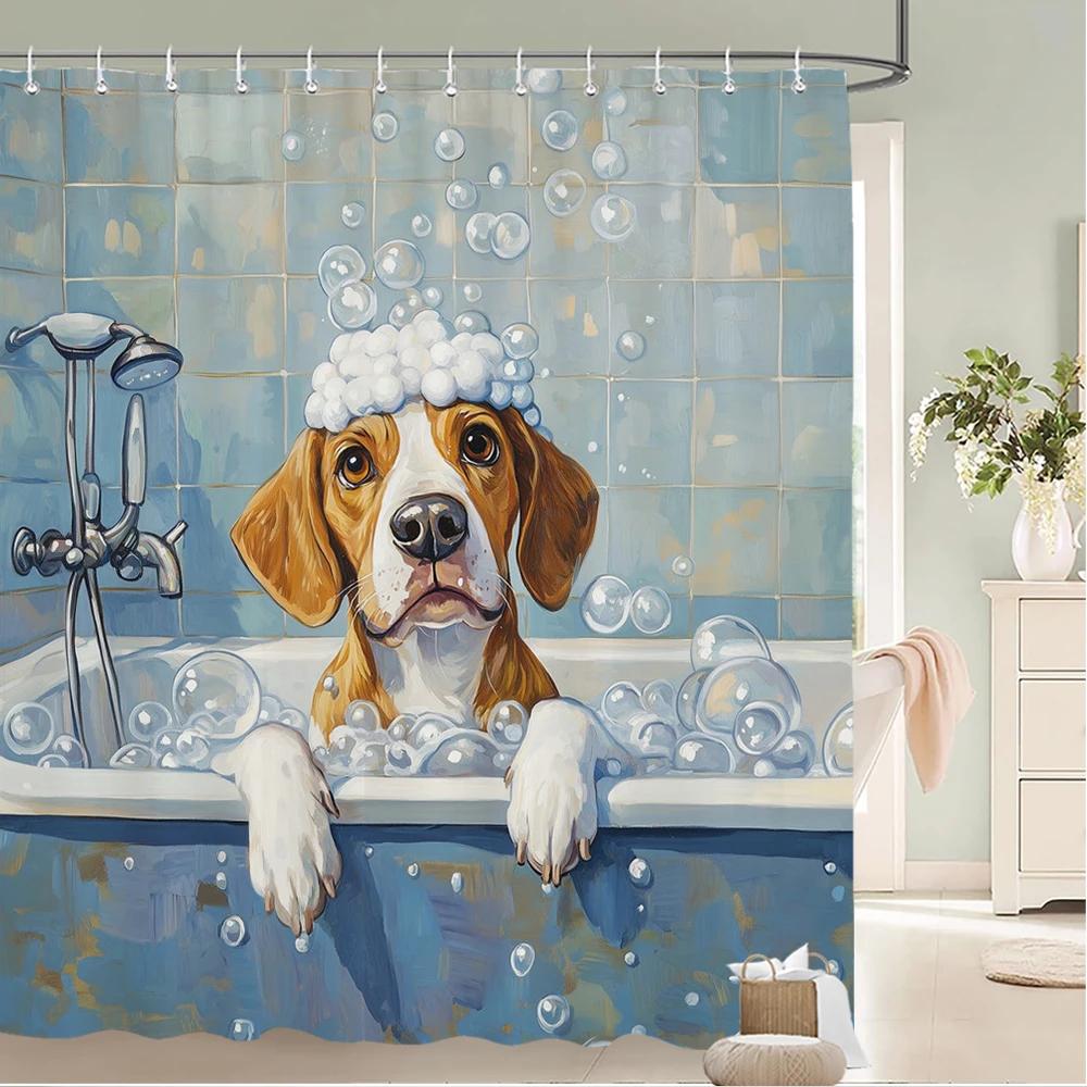 Lovely Bath Cat and Dog Pattern Shower Curtain Bath Curtain Cartoon Animals Print Bathroom Curtains for Home Decoration Curtain
