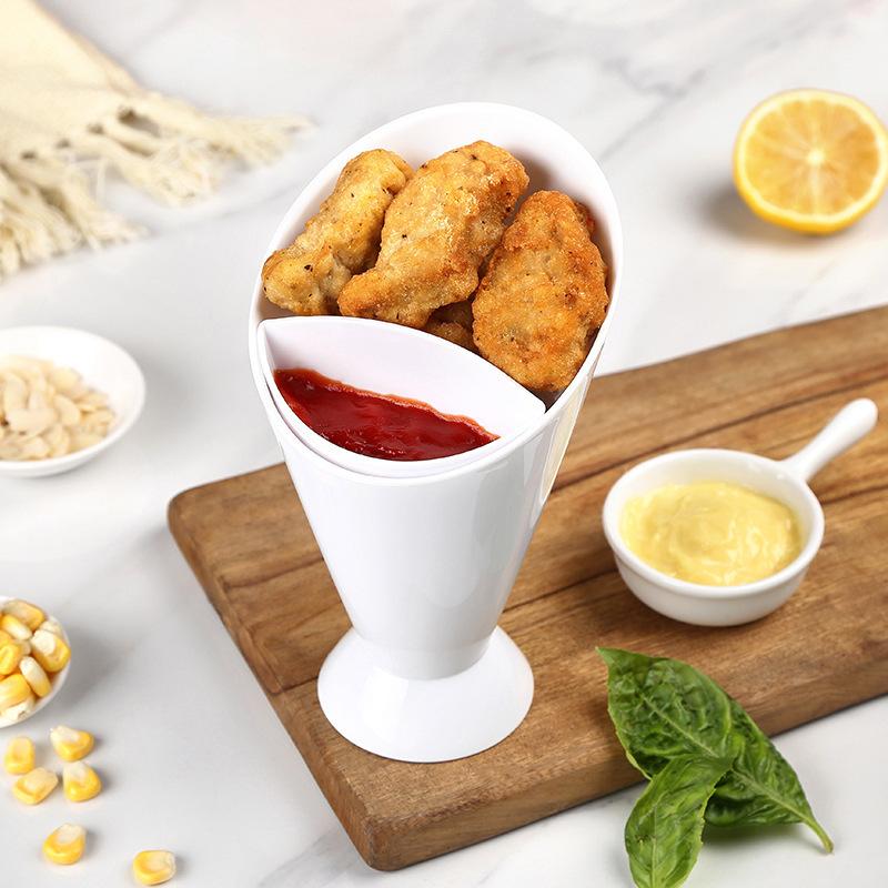 Fries Shelf Holder Assorted Sauce Chips Dip Snack Cone Stand Plastic Dip Cup Two Cup-Mouth Tableware Tray Container Kitchen Tool