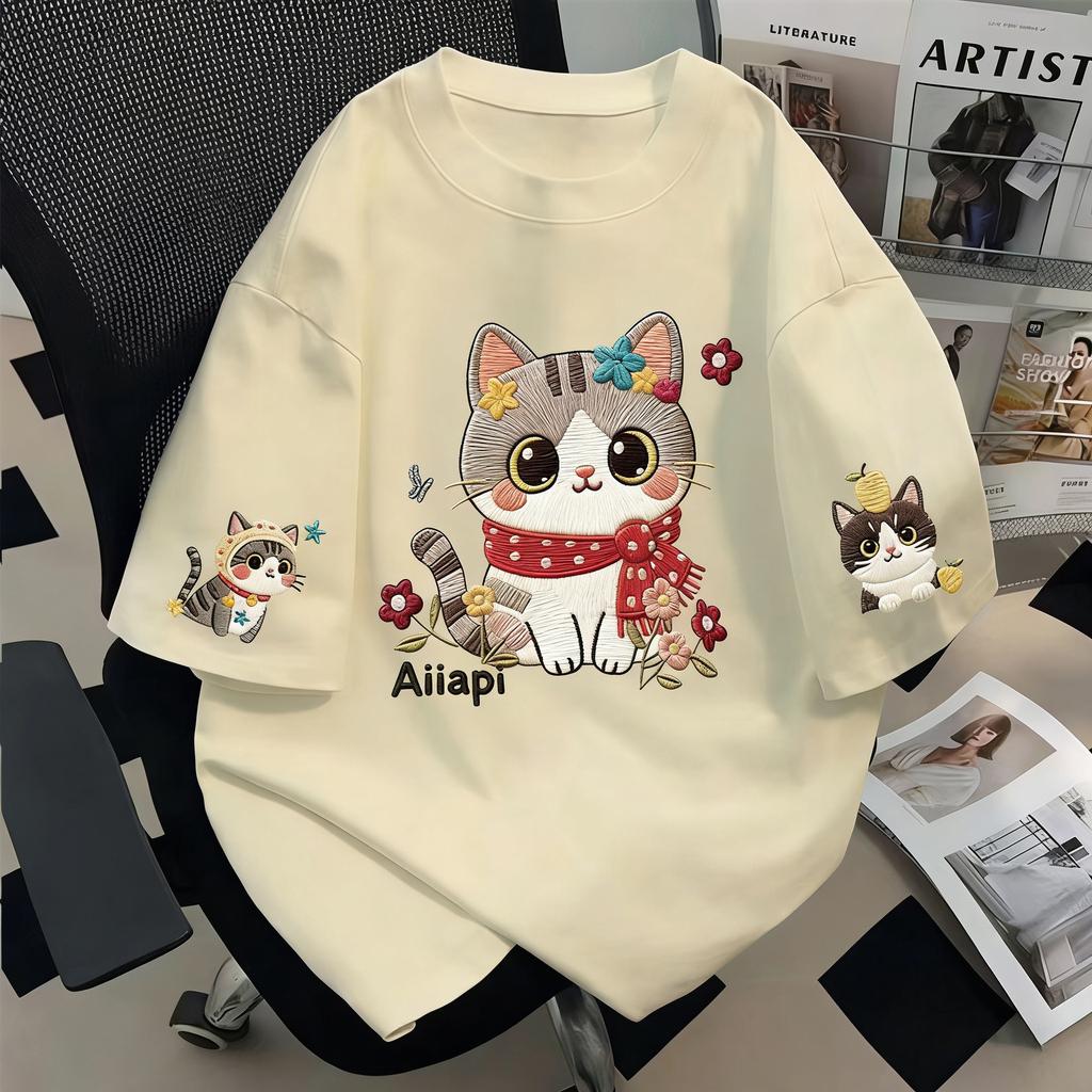Women's O Neck Short Sleeve Tee Loose Fit Korean Style Cartoon Cat Embroidery Casual Top