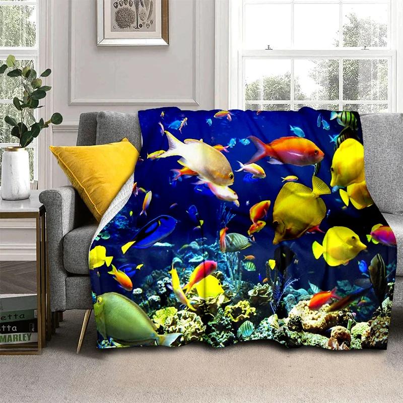 3D Unterwasserwelt Meeresboden Cartoon Decke, Weiche Überwurfdecke für Zuhause Schlafzimmer Bett Sofa Picknick Reisen Büro Überdecke Kinder