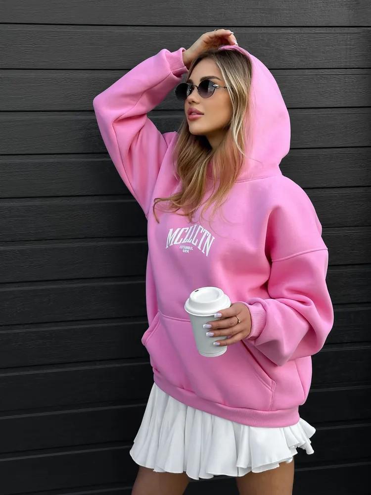 Europäischer & Amerikanischer Damen Winter Hoodie mit Buchstabenaufdruck & Schaumstoffbeutel-Patch