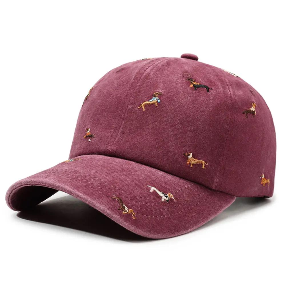 Fashion Washed Cotton Baseball Cap with Embroidery Puppy Soft Distressed Vintage Style Streetwear Caps for Women & Men