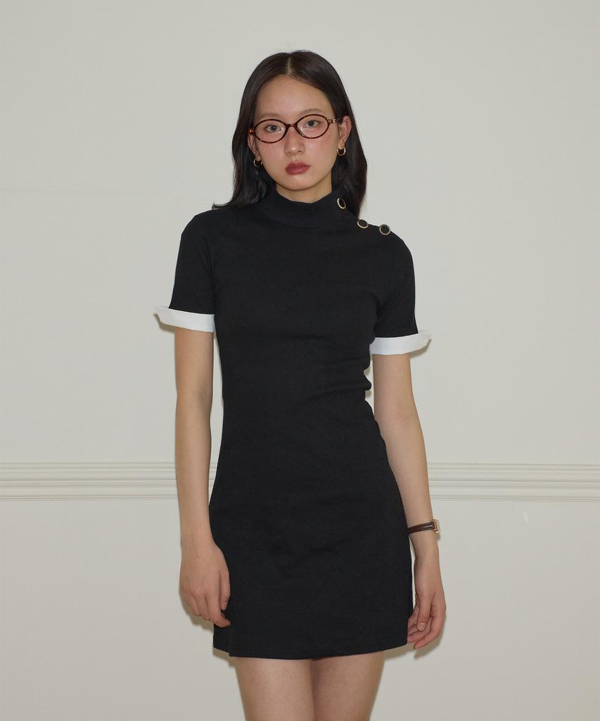 Salon De Yon Button Point Short Sleeve Mini Dress_ Black